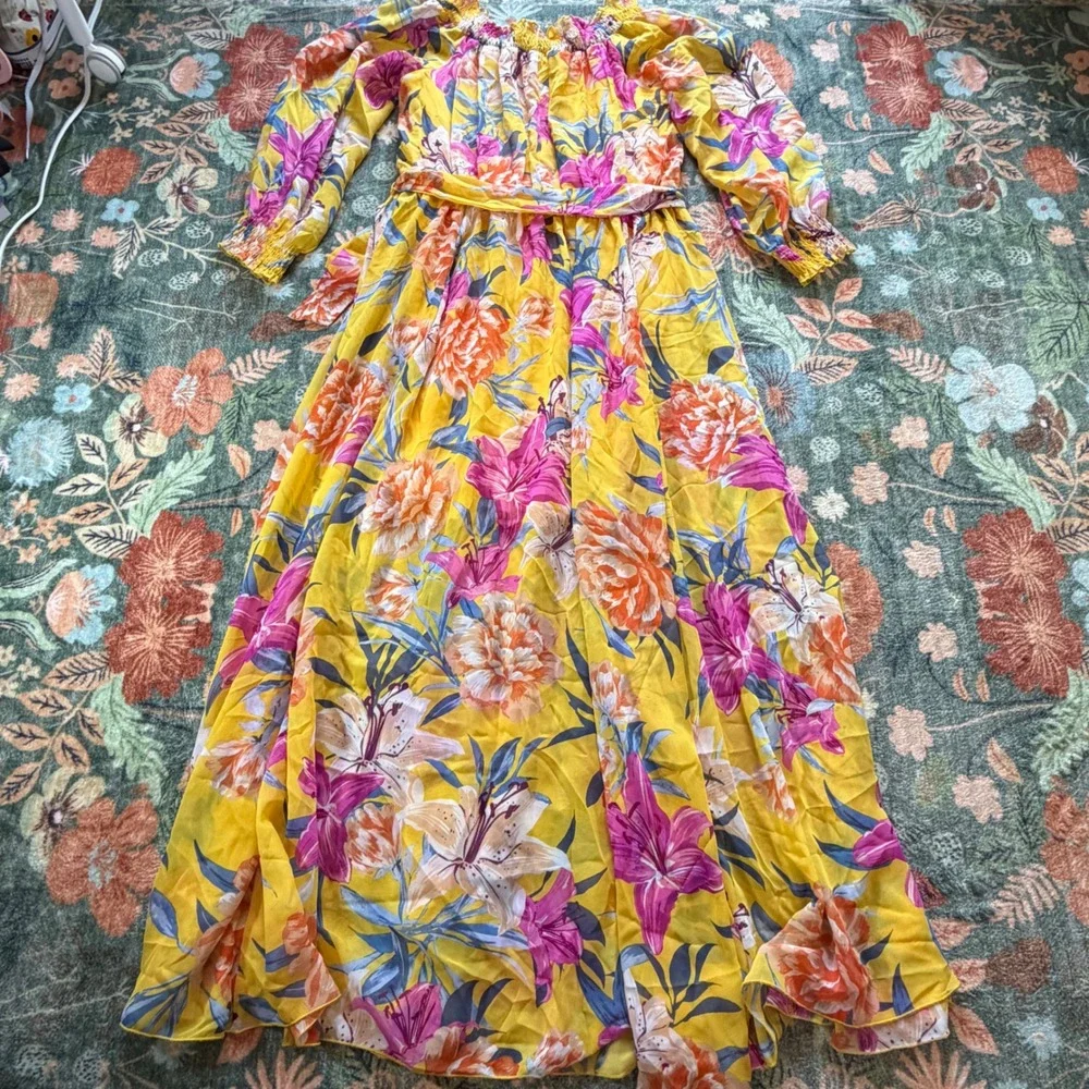 Kate and Lily Yellow Floral Maxi Dress Smocked‎ Off Shoulder Long Sleeve Size 14